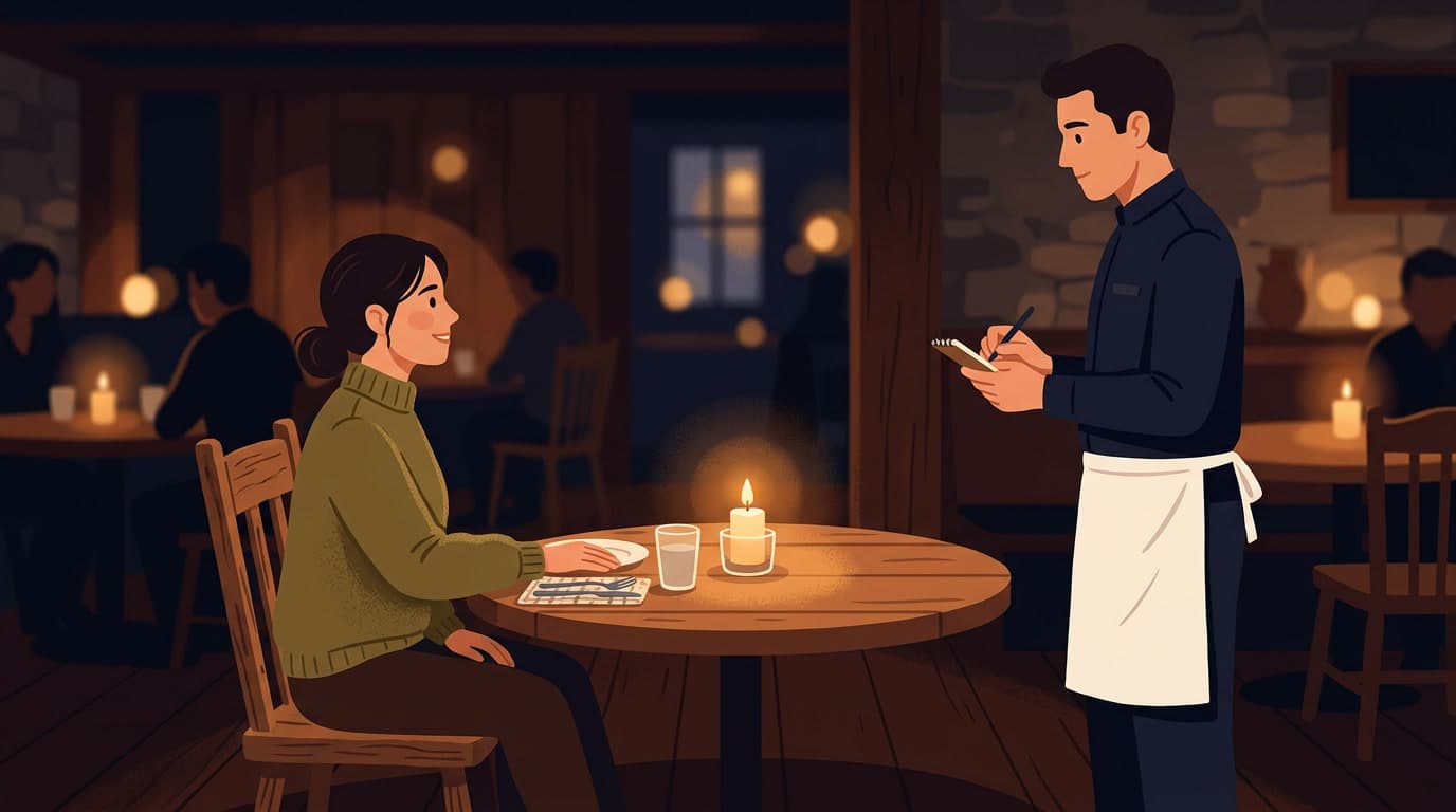 Restaurant scene — waiter taking order from seated customer